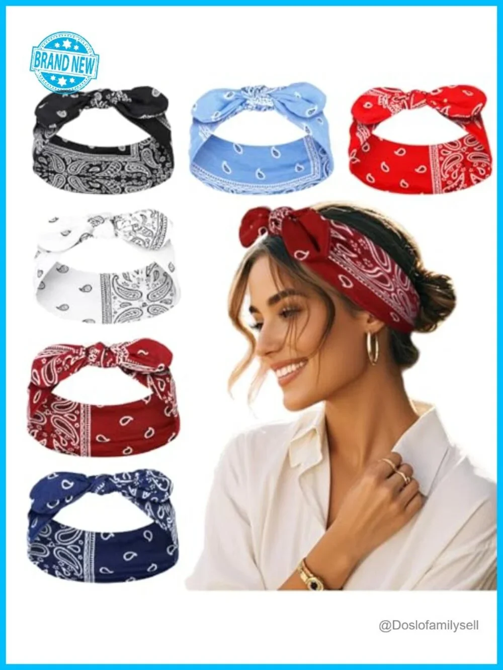 Boho Paisley Print Bow Headbands - Non Slip Wide Headwraps 6 Pack